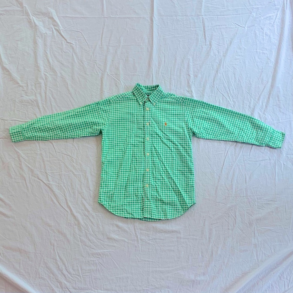 Boys green/ white gingham long sleeve button down